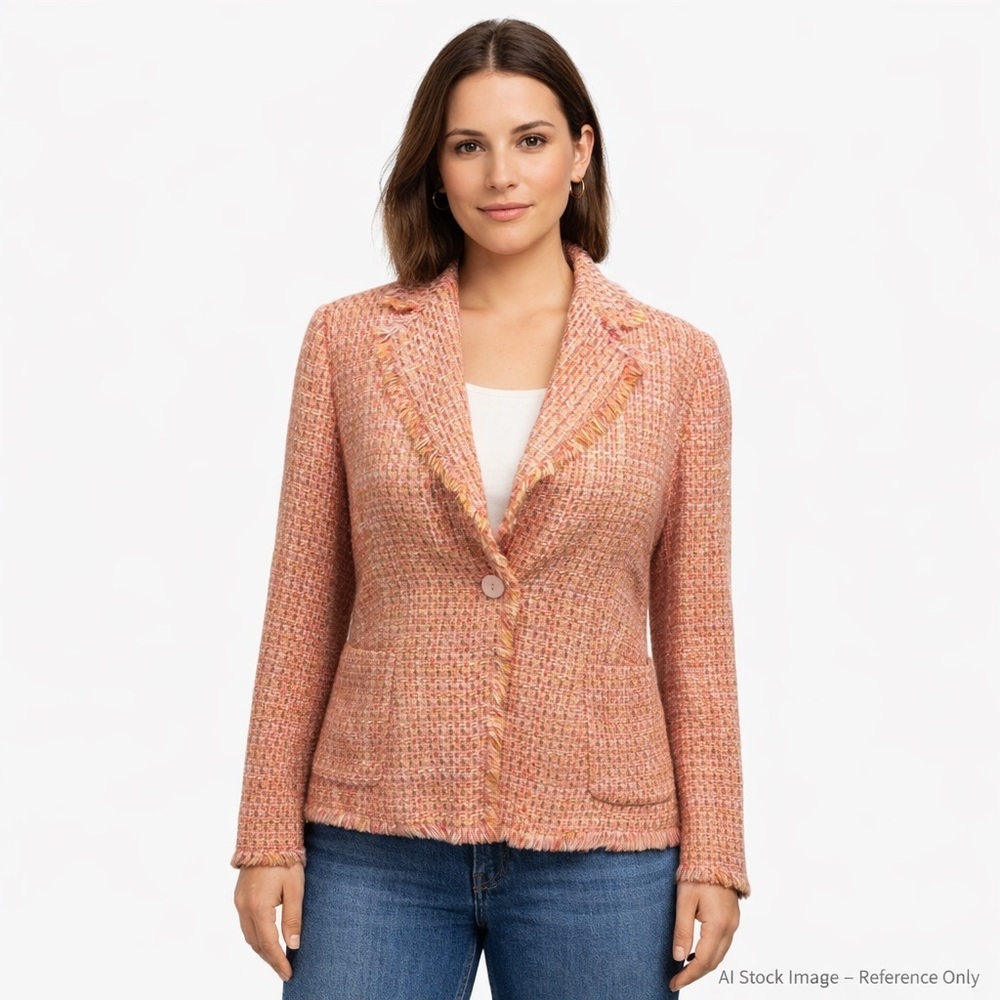 Zara Tweed Blazer Size 8 Salmon Peach Pink Frayed Edge